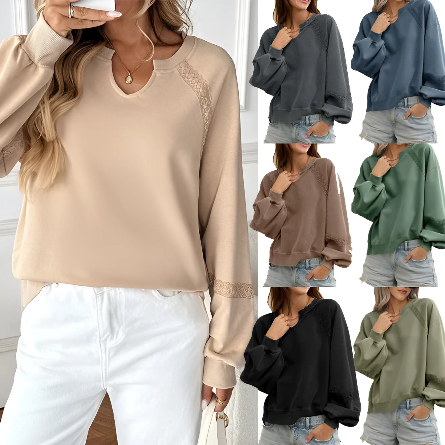 Women's loose fit long sleeve sweater with half-open collar and lace stitching detail in solid colour.