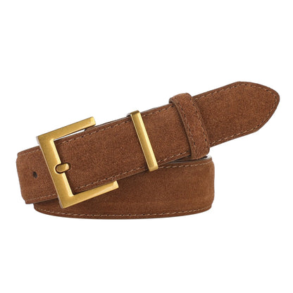 Ladies' brown leather belt with quadrilateral alloy pin buckle for dresses and coats