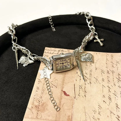 Dark women's adjustable twin clavicle necklace with multi-layer cross pendant on hemp flower chain