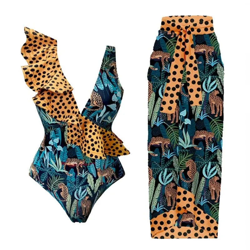 Women's solid colour one-piece swimsuit with spaghetti straps and a matching skirt.