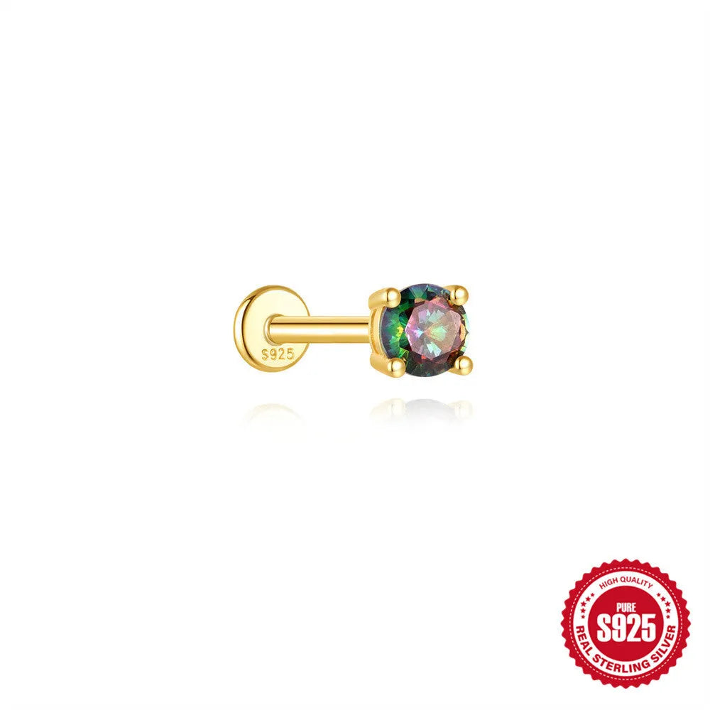 S925 sterling silver flat head thread piercing earring with super shiny rainbow stone, gold colour.