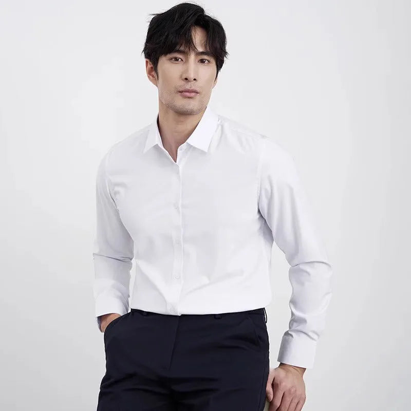 Men's wine red slim fit long sleeve shirt with non-iron treatment on a hanger.