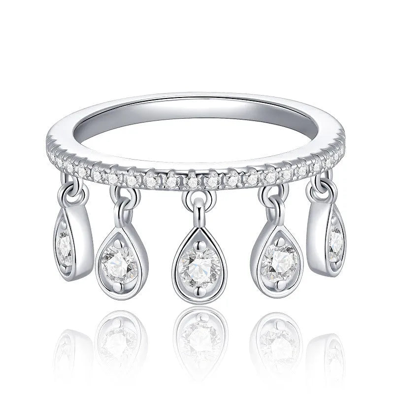 Silver tassel ring for women with moissanite mosaic, crown shape and round design, US sizes 5 to 9