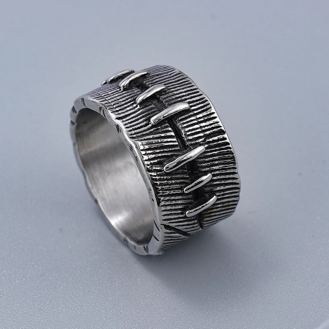 Geometric U-shaped titanium steel double ring with retro finish for dark punk jewellery