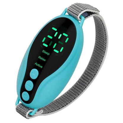 Compact blue sleep aid device showing USB port and control buttons with dimensions 80×40×20mm