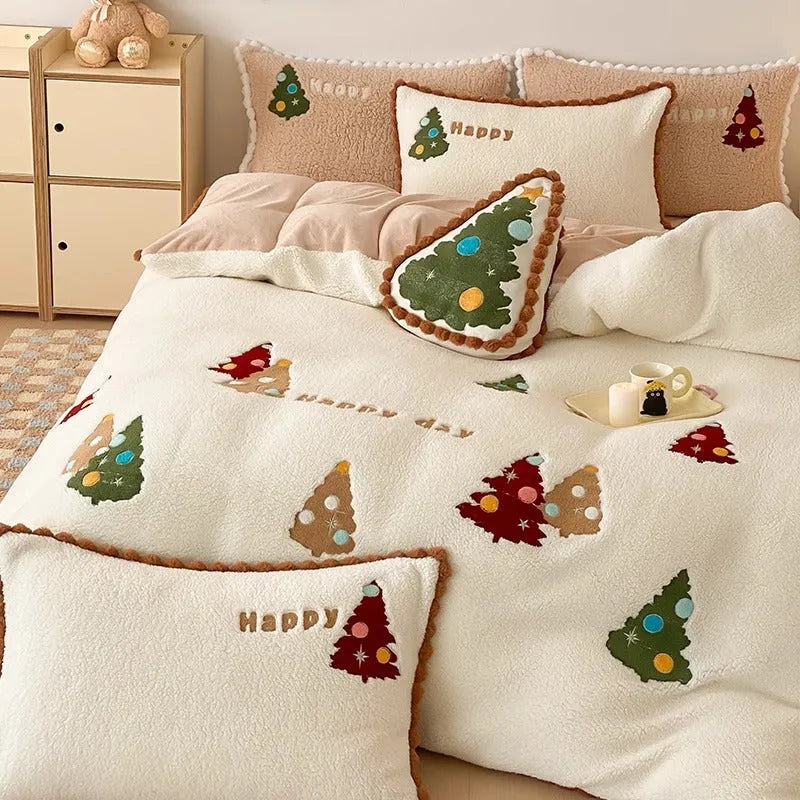 Bright yellow Christmas tree bedding set with fleece lining, embroidery detail, and complete four-piece configuration for winter warmth