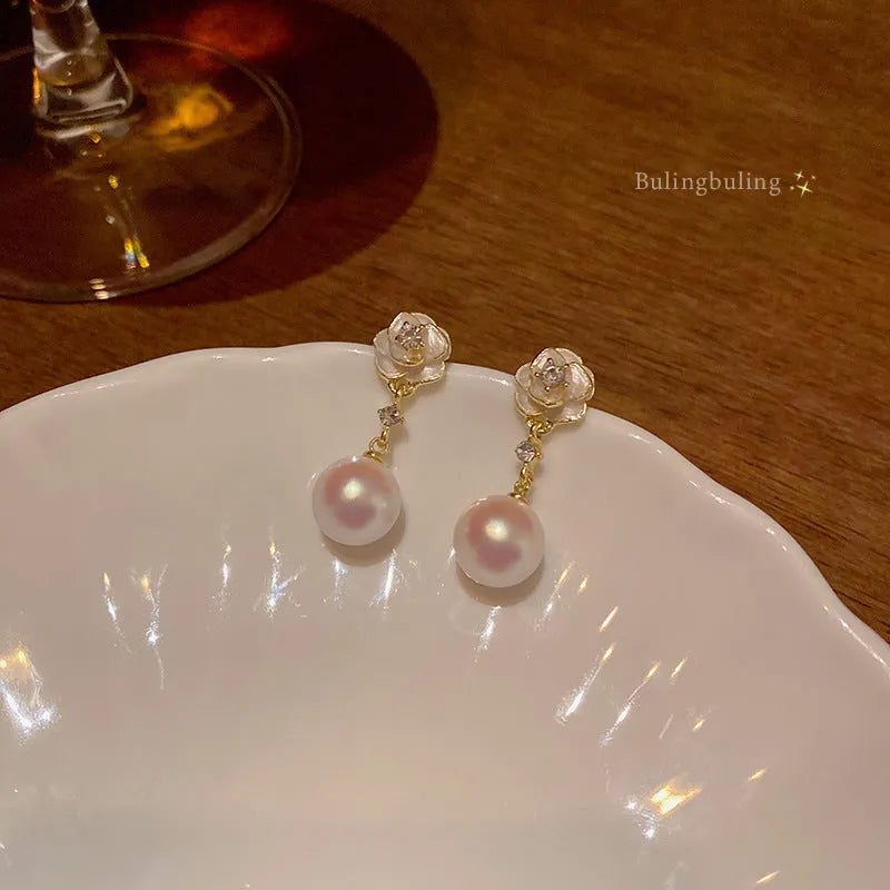 Camellia flower stud earrings with pearl centre for women