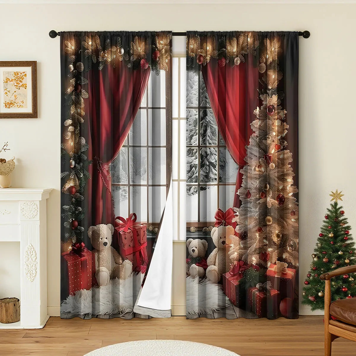 Pair of 3D digitally printed Christmas pattern curtains hung on a window.