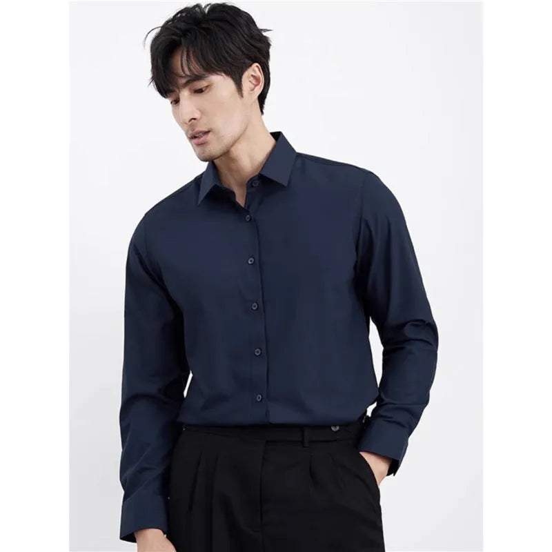 Men's wine red slim fit long sleeve shirt with non-iron treatment on a hanger.
