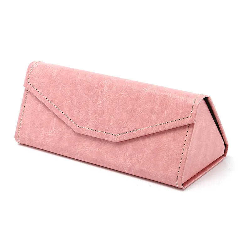 Handmade triangle folding PU cowhide glasses case in multiple colours measuring 160x66x16mm