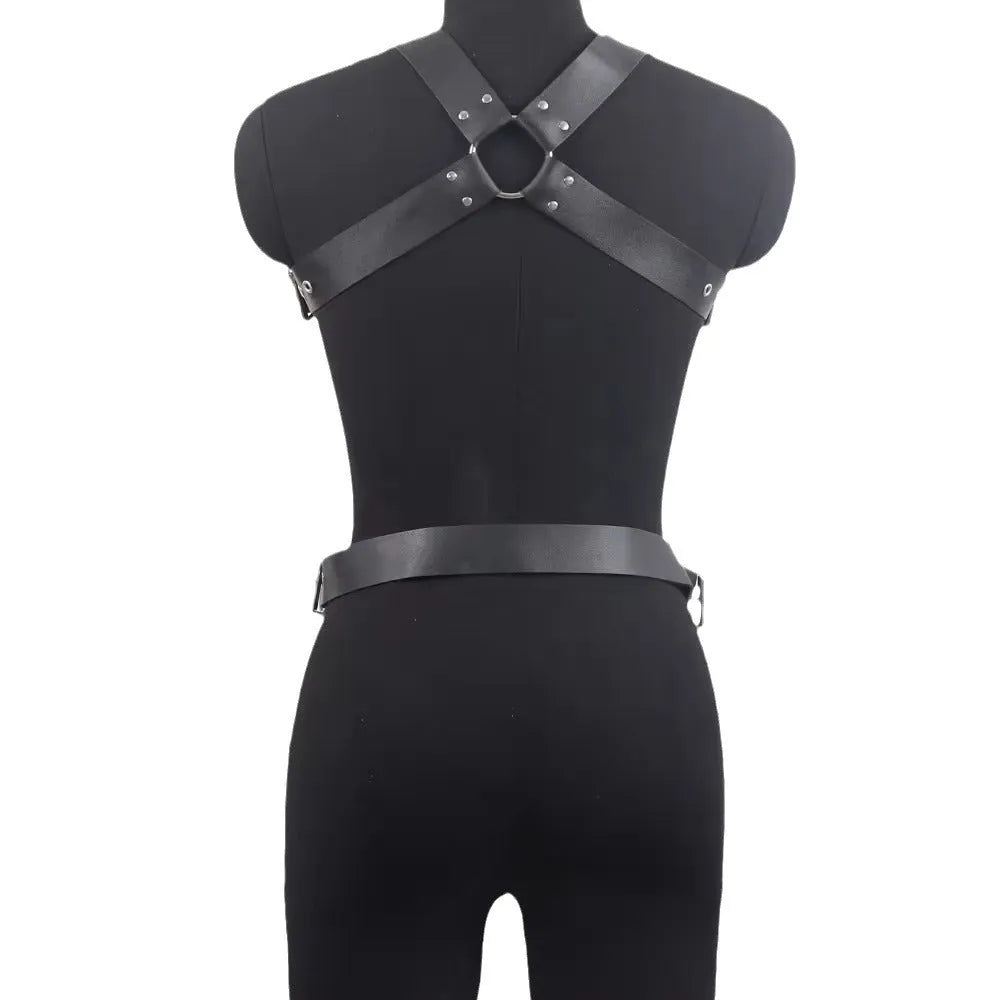 Black imitation leather waist trainer corset with an adjustable buckle and thin straps.