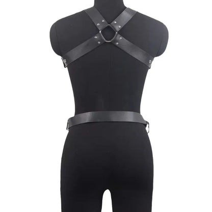 Black imitation leather waist trainer corset with an adjustable buckle and thin straps.
