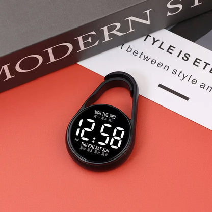 Mini digital LED electronic watch with plastic strap in various colours like fluorescent green and black on display.