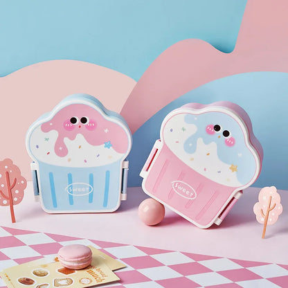 Pink and blue ice cream shaped plastic lunch boxes with compartments, includes spoon and fork