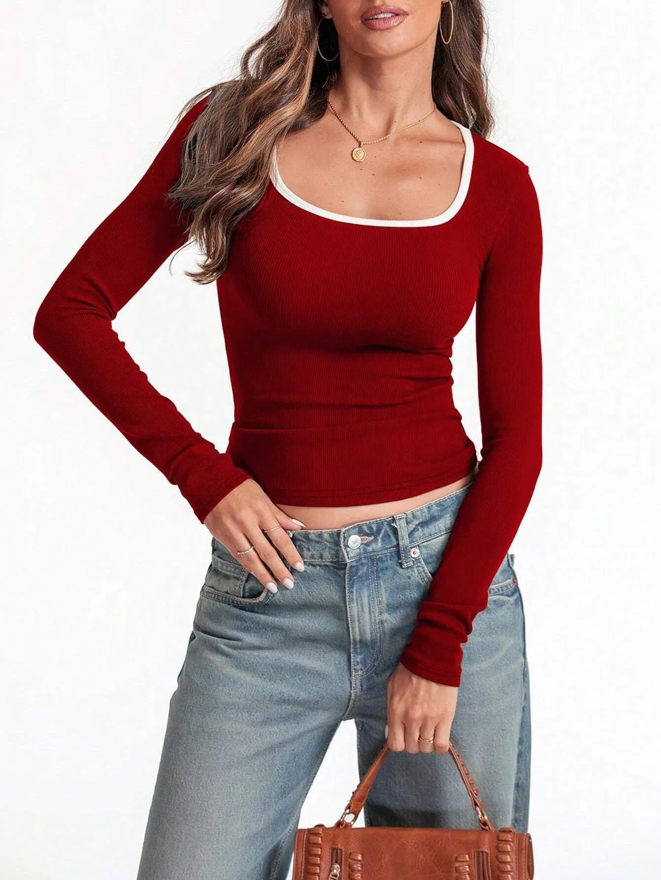 Women's light grey square collar slim fit cotton pullover with long sleeves on a hanger.