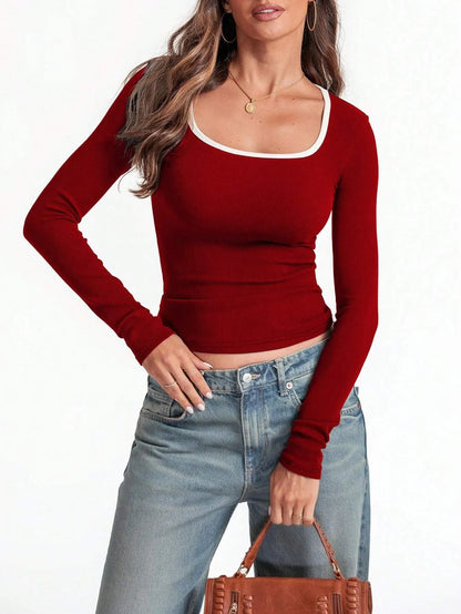 Women's light grey square collar slim fit cotton pullover with long sleeves on a hanger.