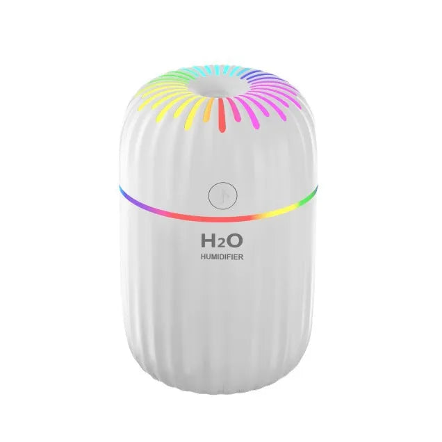Mini USB aromatherapy humidifier in green, pink or white with 75x75x116mm dimensions and 0.5L water tank