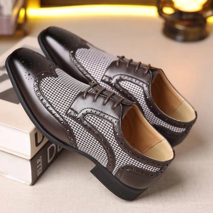 Men's imitation houndstooth casual leather shoes with canvas upper and rubber sole in black colour