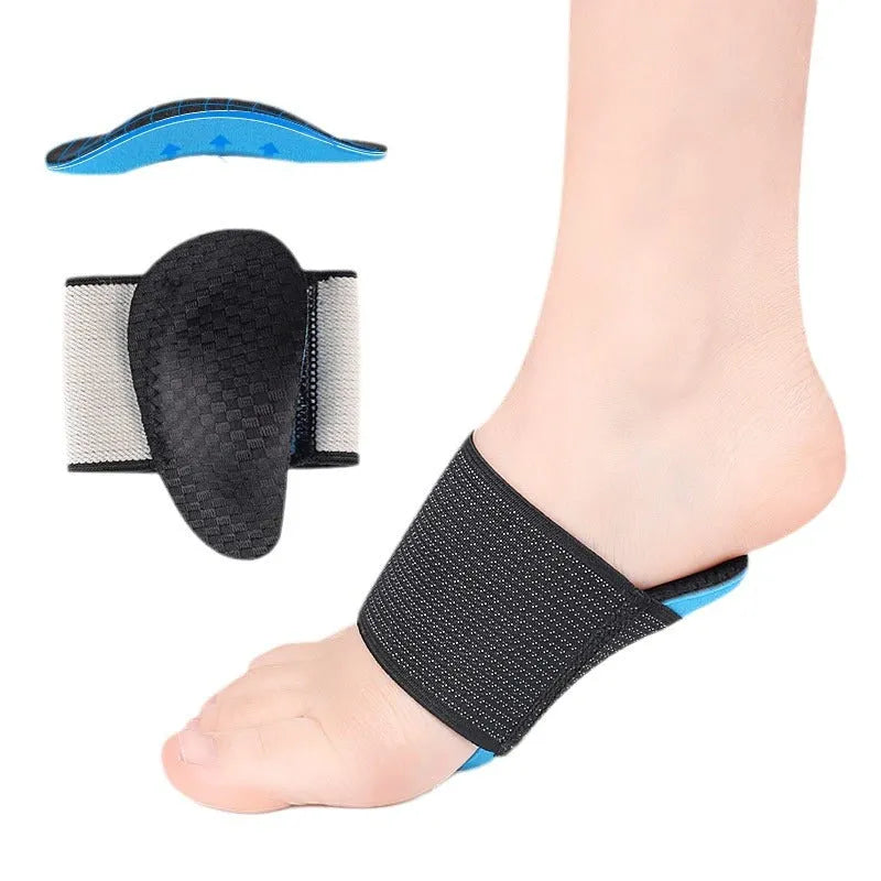 Blue elastic bandage foot pads with arch support for flat foot conditions in adult and children sizes