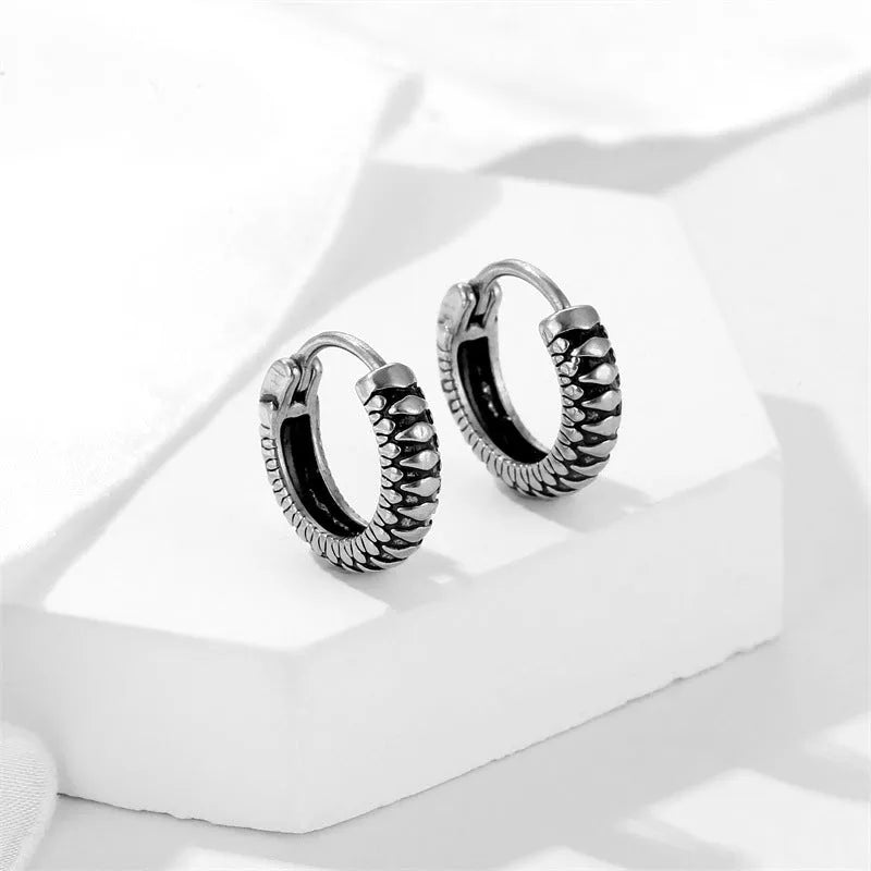 Silver geometric titanium steel earrings with stainless steel stripes and round elements