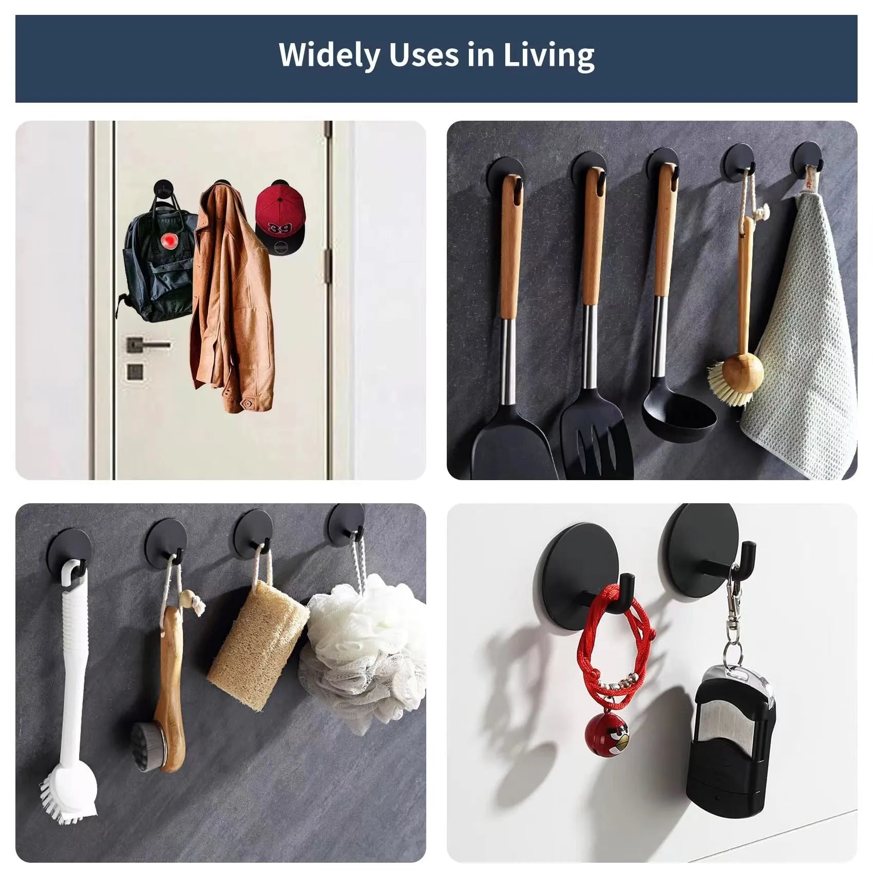 Two round stainless steel self-adhesive hooks, one black and one polished, for no-drill bathroom and kitchen hanging.