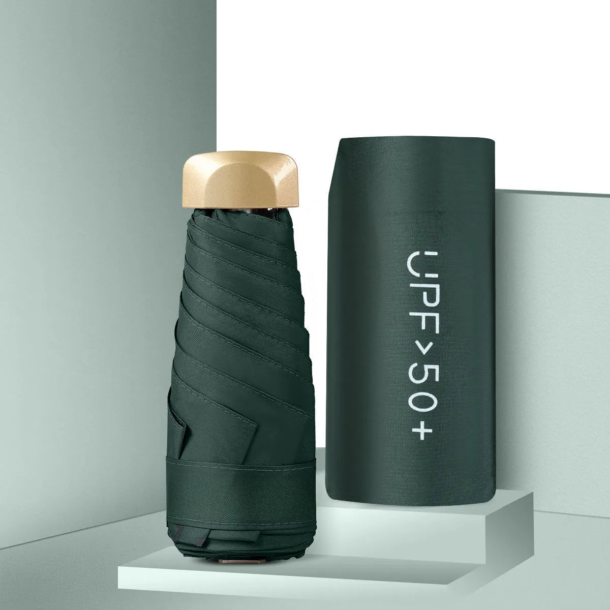 Five-fold pocket sun umbrella open showing 50cm diameter canopy in choice of 11 colours