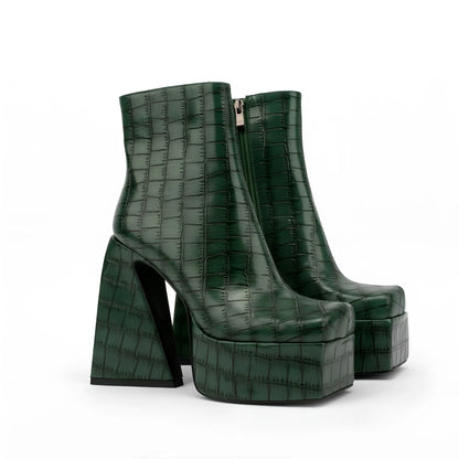 Women's ankle boots with 8cm heel in red, green, black, beige, or brown colours, artificial PU upper