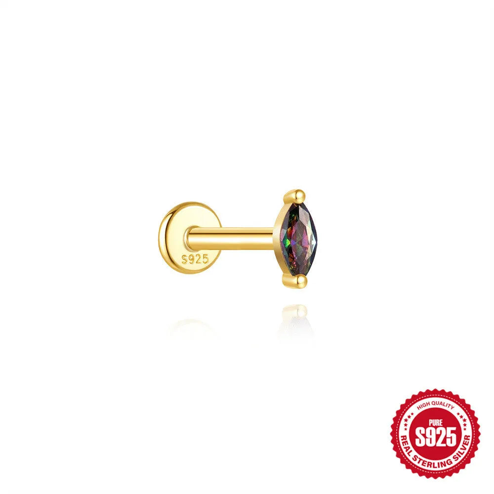 S925 sterling silver flat head thread piercing earring with super shiny rainbow stone, gold colour.