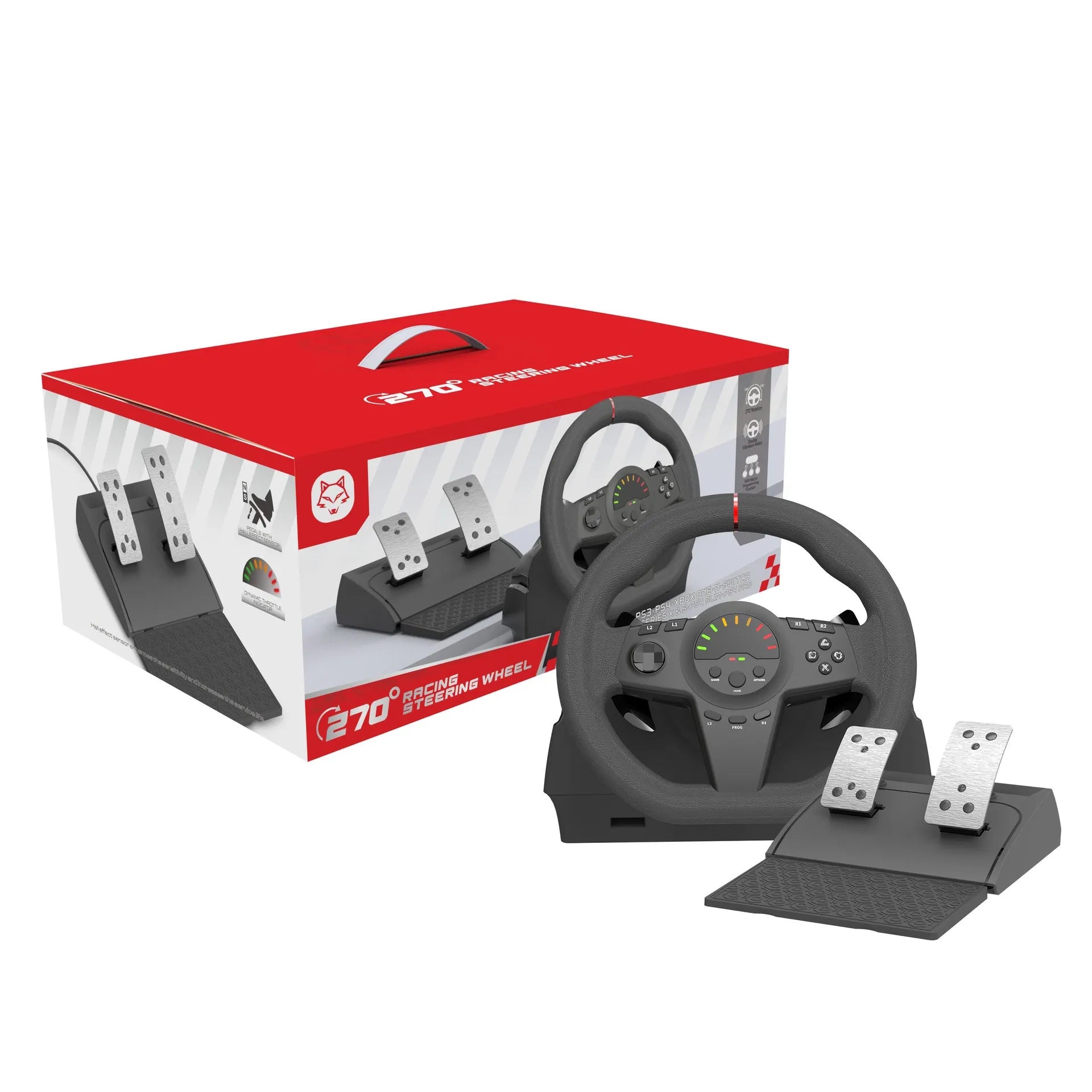 Black multi-platform steering wheel with two pedals, paddle shifters, LED display, and desk mounting bracket.