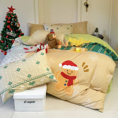 Christmas-themed four-piece bedding set with cartoon digital prints on super soft washed cotton