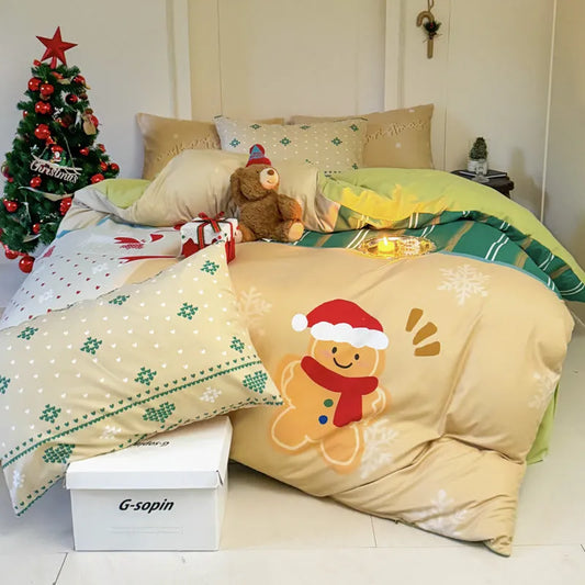 Christmas-themed four-piece bedding set with cartoon digital prints on super soft washed cotton
