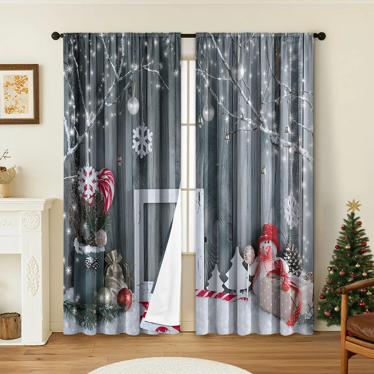 Pair of 3D digitally printed Christmas pattern curtains hung on a window.