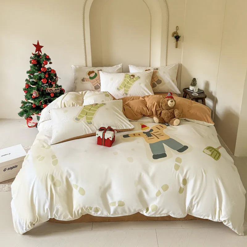 Christmas-themed four-piece bedding set with cartoon digital prints on super soft washed cotton