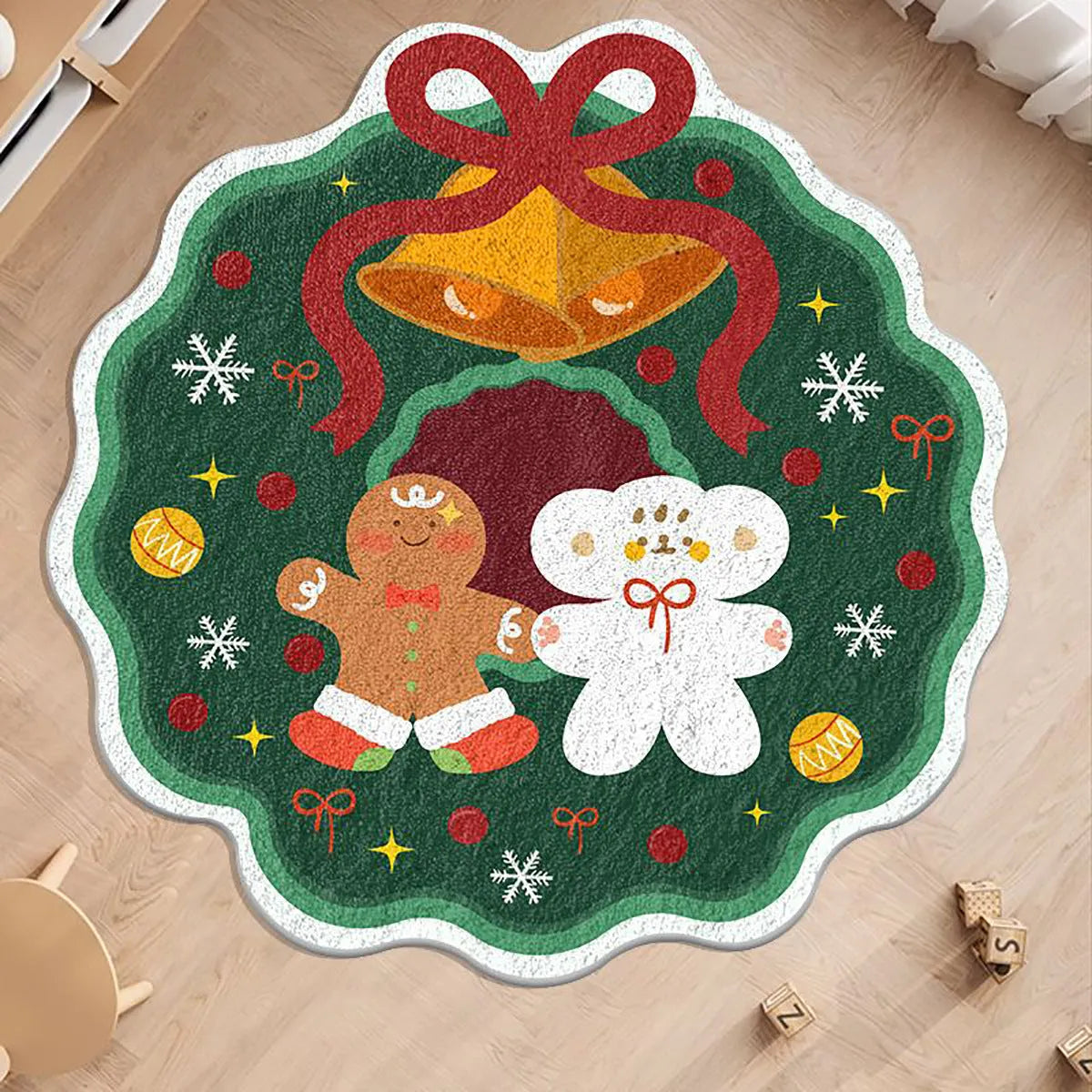 Round Christmas floor mat in imitation cashmere with festive designs like Christmas trees and gingerbread men, sizes 60x60cm and 80x80cm
