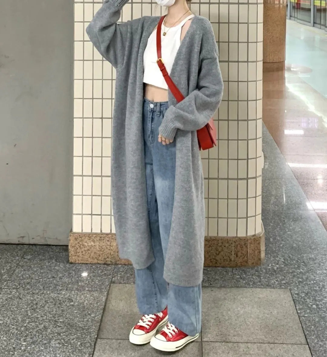 Women's loose large knitted cardigan in chenille fabric with 3D pattern, long sleeves, 65cm length