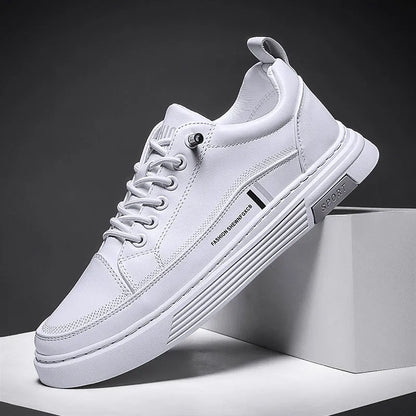 Men's low-top black and white skateboard shoes with elastic band and rubber sole.
