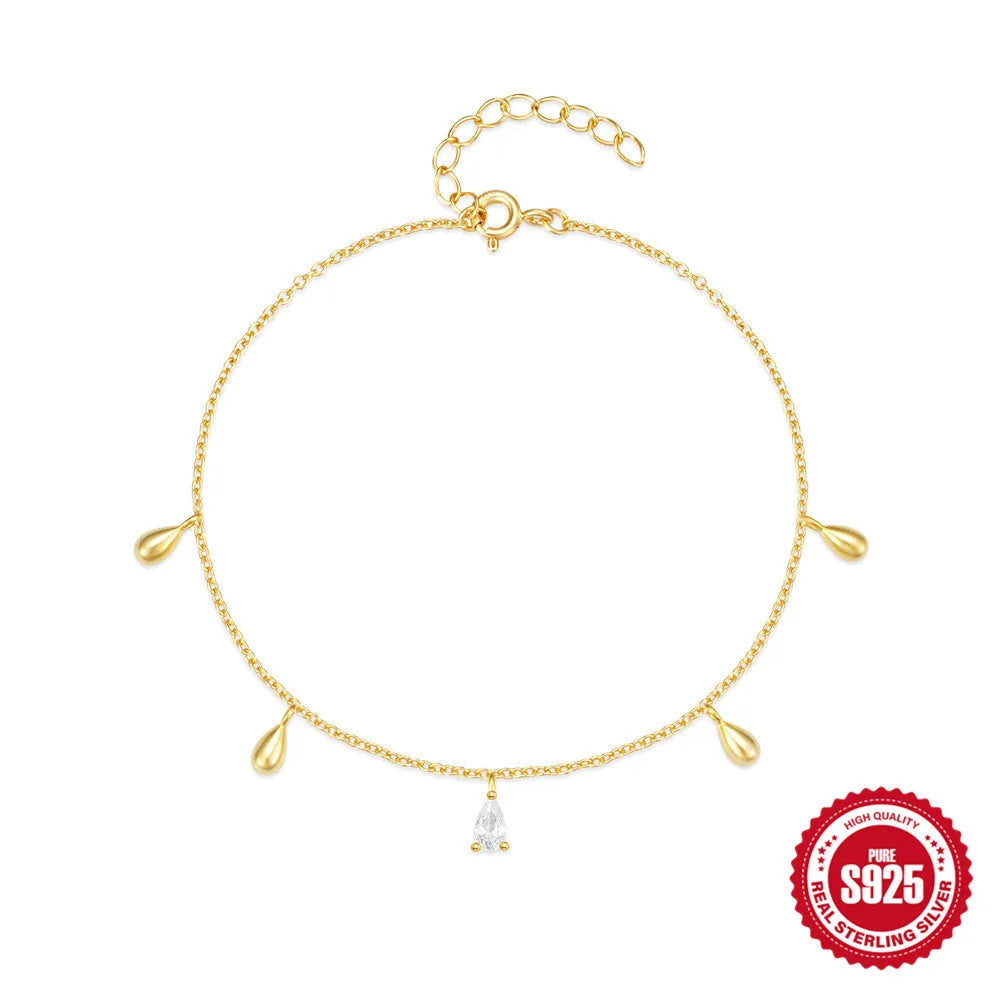 Gold coloured S925 sterling silver women's bracelet with water drop diamond pendant