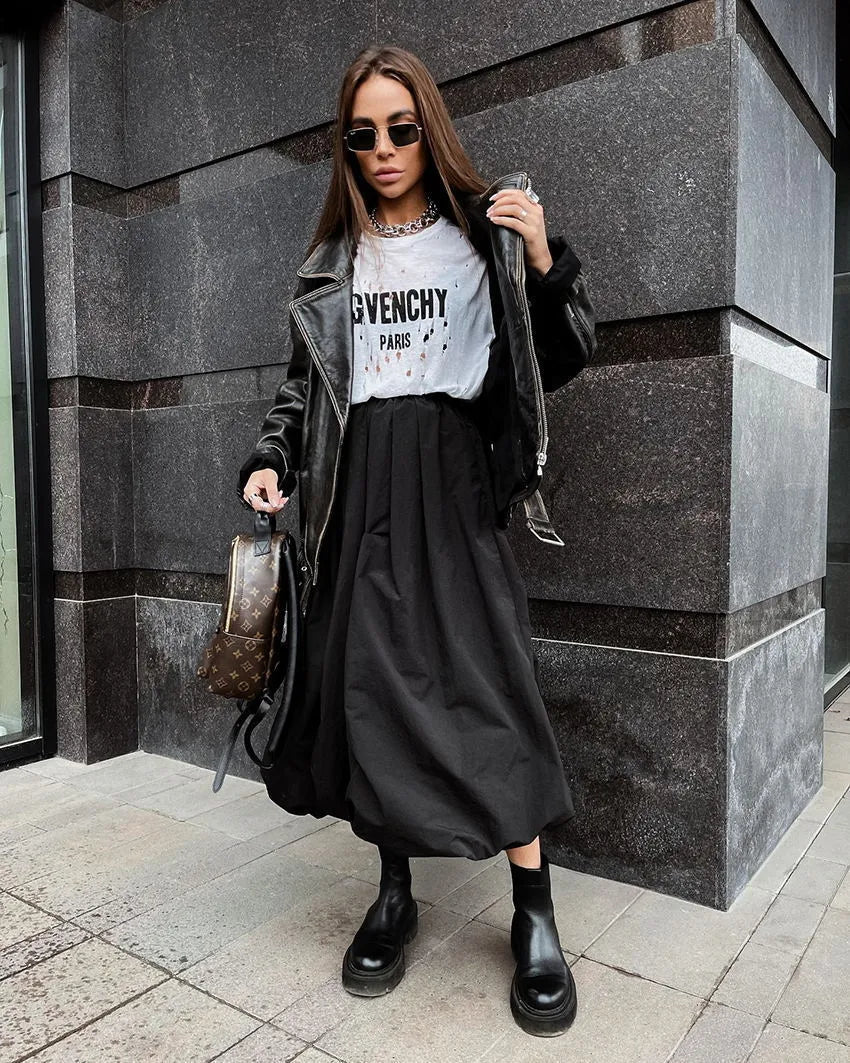 Women's solid colour cotton long A-line skirt in black or white temperament commute style
