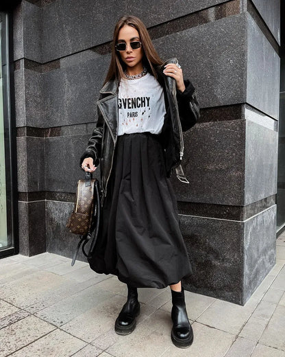 Women's solid colour cotton long A-line skirt in black or white temperament commute style