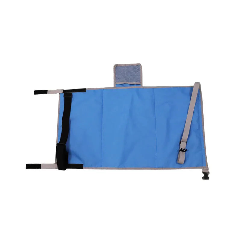Portable blue children's aircraft seat extender kit with drawstring storage pocket.