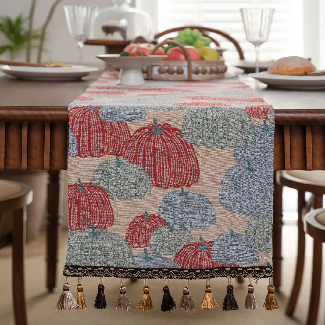 Beige jacquard table runner with long tassels and floral patterns, sizes 33x120cm to 33x400cm