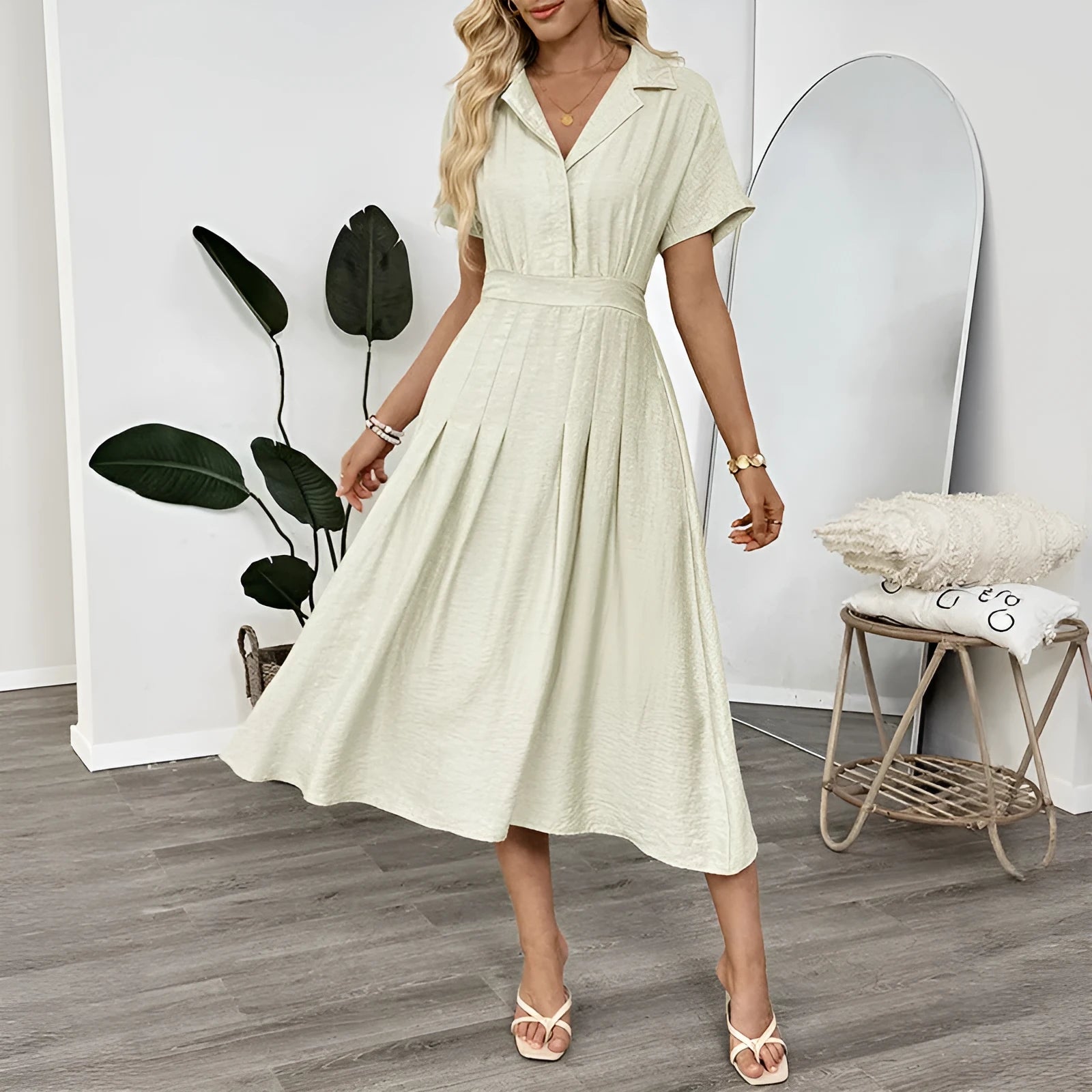 Light green women's shirt dress with lapel collar, waist tie, and pockets on a mannequin.