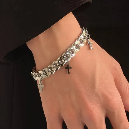 Men's titanium steel bracelet with a geometric cross charm on a black background.