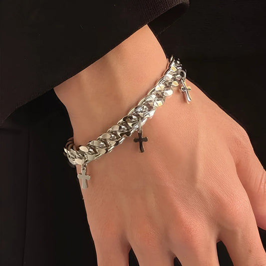 Men's titanium steel bracelet with a geometric cross charm on a black background.