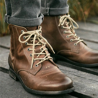 Knight Series black and brown leather boots with side zipper, low heel, and two-tone design