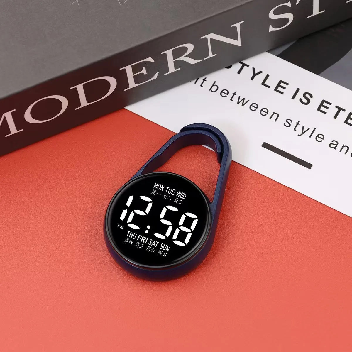 Mini digital LED electronic watch with plastic strap in various colours like fluorescent green and black on display.