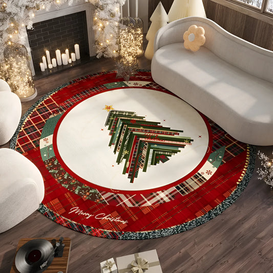 Round red Christmas carpet with festive pattern on a wooden living room floor.