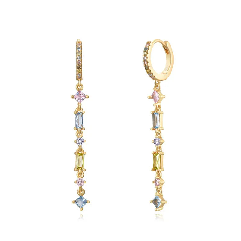 Geometric U-shaped gold ear clips with colourful zircon stones and dot pattern detailing
