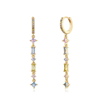 Geometric U-shaped gold ear clips with colourful zircon stones and dot pattern detailing