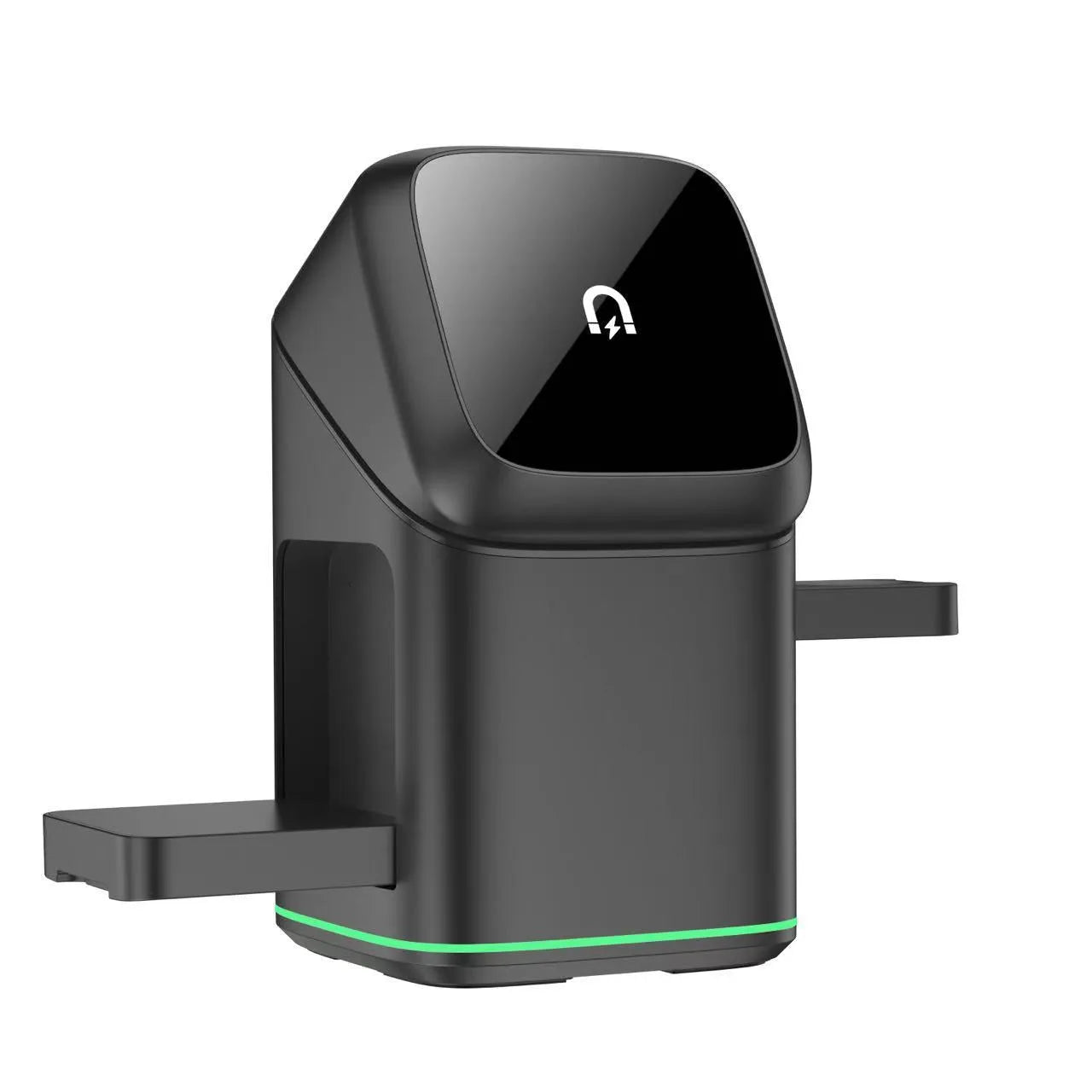 Black magnetic wireless phone charging stand on a desk, rotated to a landscape viewing angle.